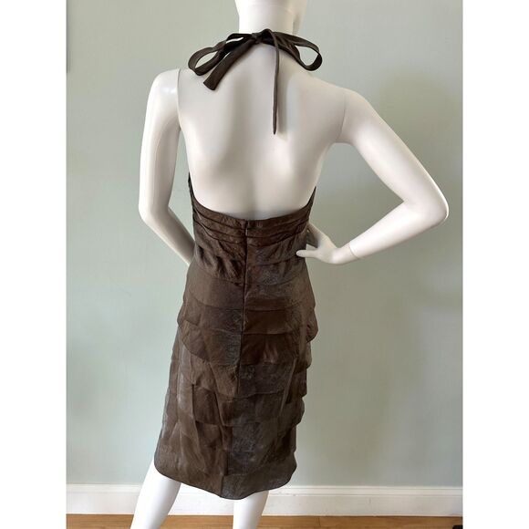 Cache Vintage Y2k Iridescent Brown Ruffle Halter Cocktail Midi Dress size 4 - Picture 2 of 12